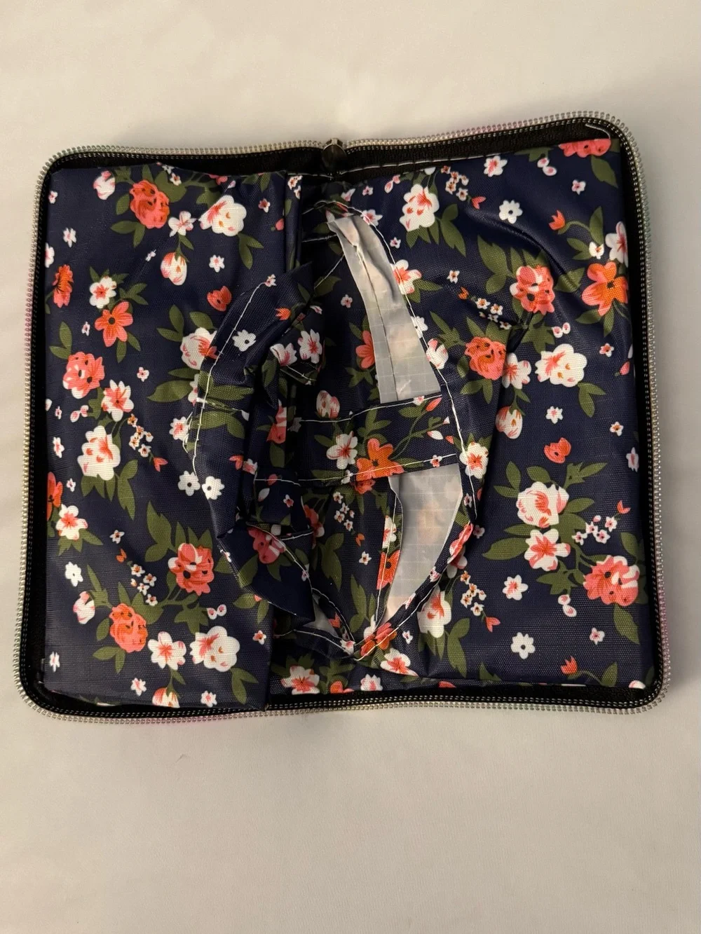 Foldable Reusable Shopping Tote Bag Navy Floral Zip Pouch Eco Grocery